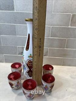 Antique Bohemian Bohimia Decanter Set White Overlay Cut To Cranberry Red Glass