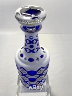Antique Bohemian Cased Glass Cut to Cobalt Blue White Hand Painted Decanter