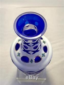 Antique Bohemian Cased Glass Cut to Cobalt Blue White Hand Painted Decanter