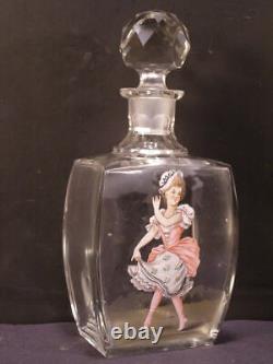 Antique Bohemian Cut Crystal Girl Woman Portrait Moser Glass Bottle Decanter 19c