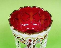 Antique Bohemian Cut To Cranberry cased & Enameled Glass Luster, 19th c 10 1/4