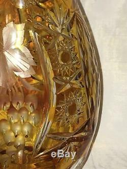 Antique Bohemian Czech Amber Cut Crystal to Clear Decanter Grape Cluster Leaf