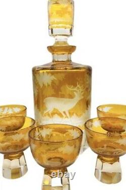 Antique Bohemian Czech Amber Cut Glass Decanter Cups Set Deer/Birds/Hunting Dog