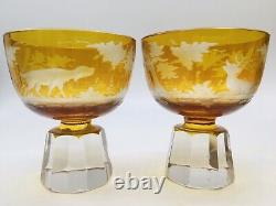 Antique Bohemian Czech Amber Cut Glass Decanter Cups Set Deer/Birds/Hunting Dog
