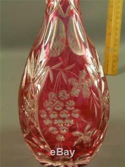Antique Bohemian Czech Cranberry Cut To Clear Glass Liquor Wine Decanter