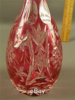 Antique Bohemian Czech Cranberry Cut To Clear Glass Liquor Wine Decanter
