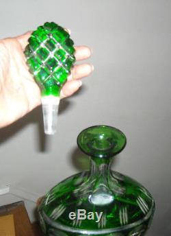 Antique Bohemian Czech Cut To Clear Emerald Green Heavy Decanter