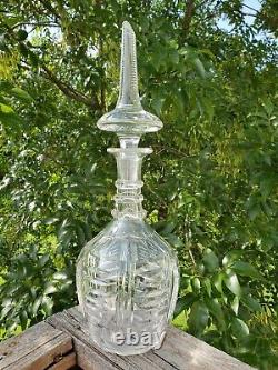 Antique Bohemian Czech Decanter Clear Cut Crystal 3 Ring Neck 20 tall
