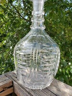 Antique Bohemian Czech Decanter Clear Cut Crystal 3 Ring Neck 20 tall