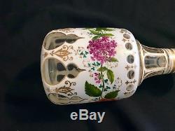 Antique Bohemian Decanted & Under Plate Hand Painted Flowers Cut White To Cleare