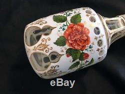 Antique Bohemian Decanted & Under Plate Hand Painted Flowers Cut White To Cleare