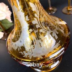 Antique Bohemian Decanter/4 Goblets Set Etched Amber Glass Possibly Mosser