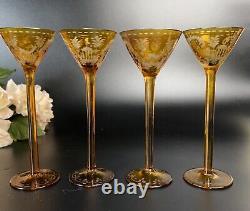 Antique Bohemian Decanter/4 Goblets Set Etched Amber Glass Possibly Mosser