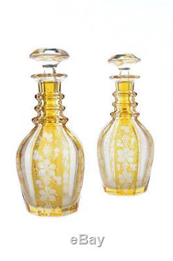 Antique Bohemian Etched Cut Glass Yellow Decanters -a pair c. 1920s