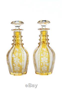 Antique Bohemian Etched Cut Glass Yellow Decanters -a pair c. 1920s