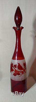 Antique Bohemian Etched Cut to Clear Glass Ruby Decanter Grapes & Leaves Birds