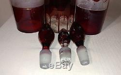 Antique Bohemian Etched Cut to Clear Glass Ruby Decanter Grapes & Leaves Birds