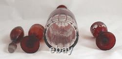 Antique Bohemian Etched Cut to Clear Ruby Glass Decanter Grapes & Leaves