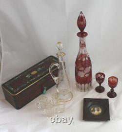 Antique Bohemian Etched Cut to Clear Ruby Glass Decanter Grapes & Leaves