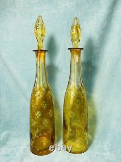 Antique Bohemian Glass Pair of Cut glass Amber Stained Decanters