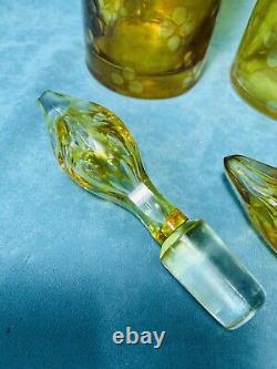 Antique Bohemian Glass Pair of Cut glass Amber Stained Decanters