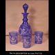 Antique Bohemian Glass Wine Water Decanter & 3 Tumblers Blue Cut To Clear