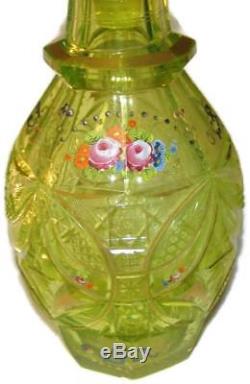 Antique Bohemian Moser Cut & Enameled Vaseline Glass Decanter Persian Islamic Mk