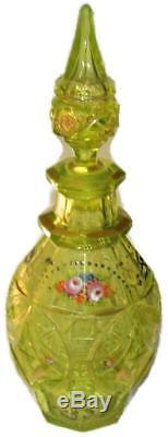 Antique Bohemian Moser Cut & Enameled Vaseline Glass Decanter Persian Islamic Mk