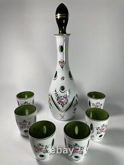 Antique Bohemian Moser Decanter Set, White Overlay Cut To Green Glass