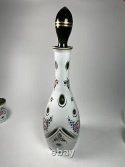 Antique Bohemian Moser Decanter Set, White Overlay Cut To Green Glass
