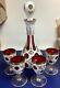 Antique Bohemian Moser Glass Decanter Set, White Overlay Cut To Cranberry Glass