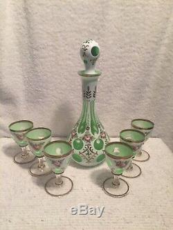 Antique Bohemian Moser Glass Decanter Set, White Overlay Cut To Green Glass