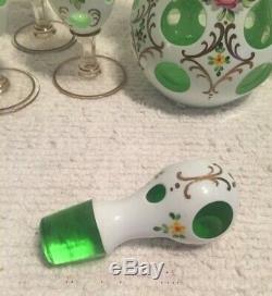 Antique Bohemian Moser Glass Decanter Set, White Overlay Cut To Green Glass