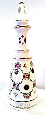 Antique Bohemian Moser White Overlay Cut to Cranberry Glass Decanter 14.5