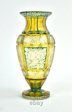 Antique Bohemian Ornate Cased Flashed Green Yellow Cut to Clear Glass Vase