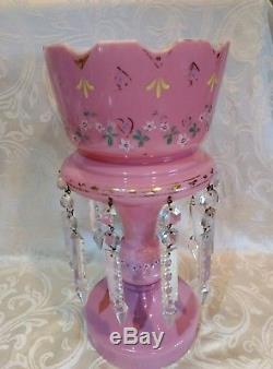 Antique Bohemian Pink Art Glass Mantle Lustre Luster Cut Crystal Prism Victorian