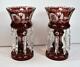 Antique Bohemian Ruby Cut To Clear & Etched Glass Pair 10.5 Mantle Lusters