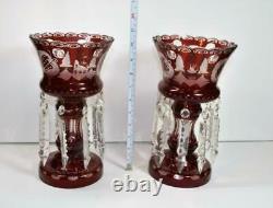 Antique Bohemian Ruby Cut to Clear & etched glass pair 10.5 Mantle Lusters