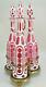 Antique Bohemian Three Decanter Set On Stand Cased Glass White Cut To Cranberry