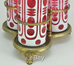 Antique Bohemian Three Decanter Set on Stand Cased Glass White Cut to Cranberry