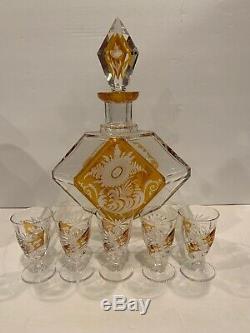 Antique Bohemian Yellow to Clear Cut Glass Decanter 5 glasses/Nový Bor/Haida