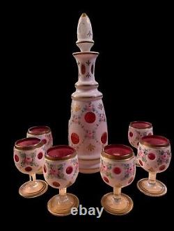 Antique Bohemian cut to clear decanter With 6 stemmed glasses. Floral. Cranberry