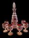 Antique Bohemian Cut To Clear Decanter With 6 Stemmed Glasses. Floral. Cranberry