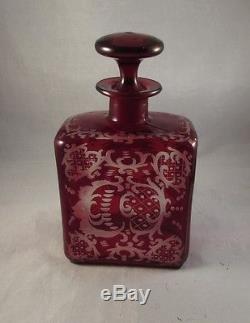 Antique Bohemian ruby glass cut to clear decanter with deer