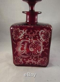 Antique Bohemian ruby glass cut to clear decanter with deer