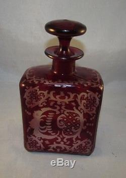 Antique Bohemian ruby glass cut to clear decanter with deer