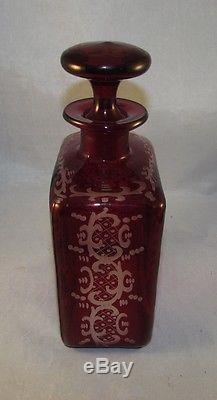 Antique Bohemian ruby glass cut to clear decanter with deer