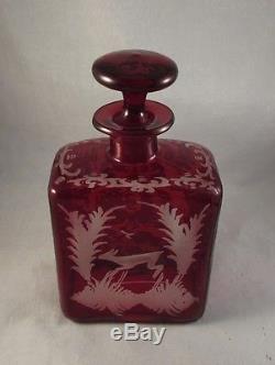 Antique Bohemian ruby glass cut to clear decanter with deer