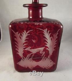 Antique Bohemian ruby glass cut to clear decanter with deer