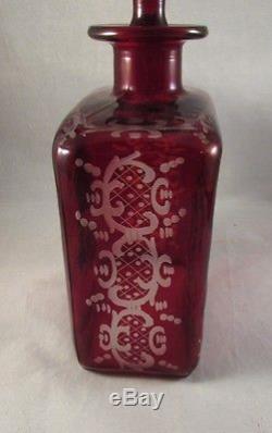 Antique Bohemian ruby glass cut to clear decanter with deer